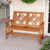 Geometric backrest outdoor bench made of premium hardwood, comfortably seating 2 people for patio or backyard use.