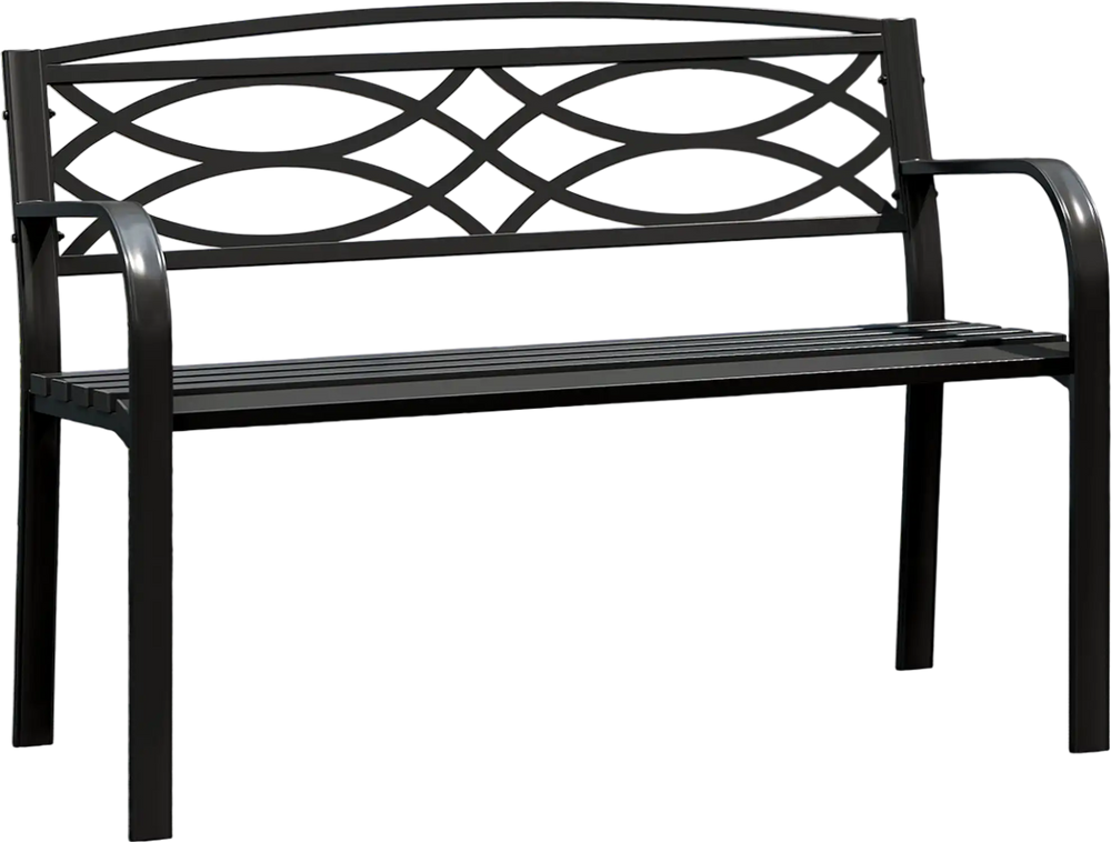 Black garden bench featuring a minimalist design, sturdy metal frame, and contoured seat, perfect for garden settings.