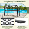 Garden bench with curved armrests, black metal frame, and anti-slip footpads, perfect for patios and gardens.