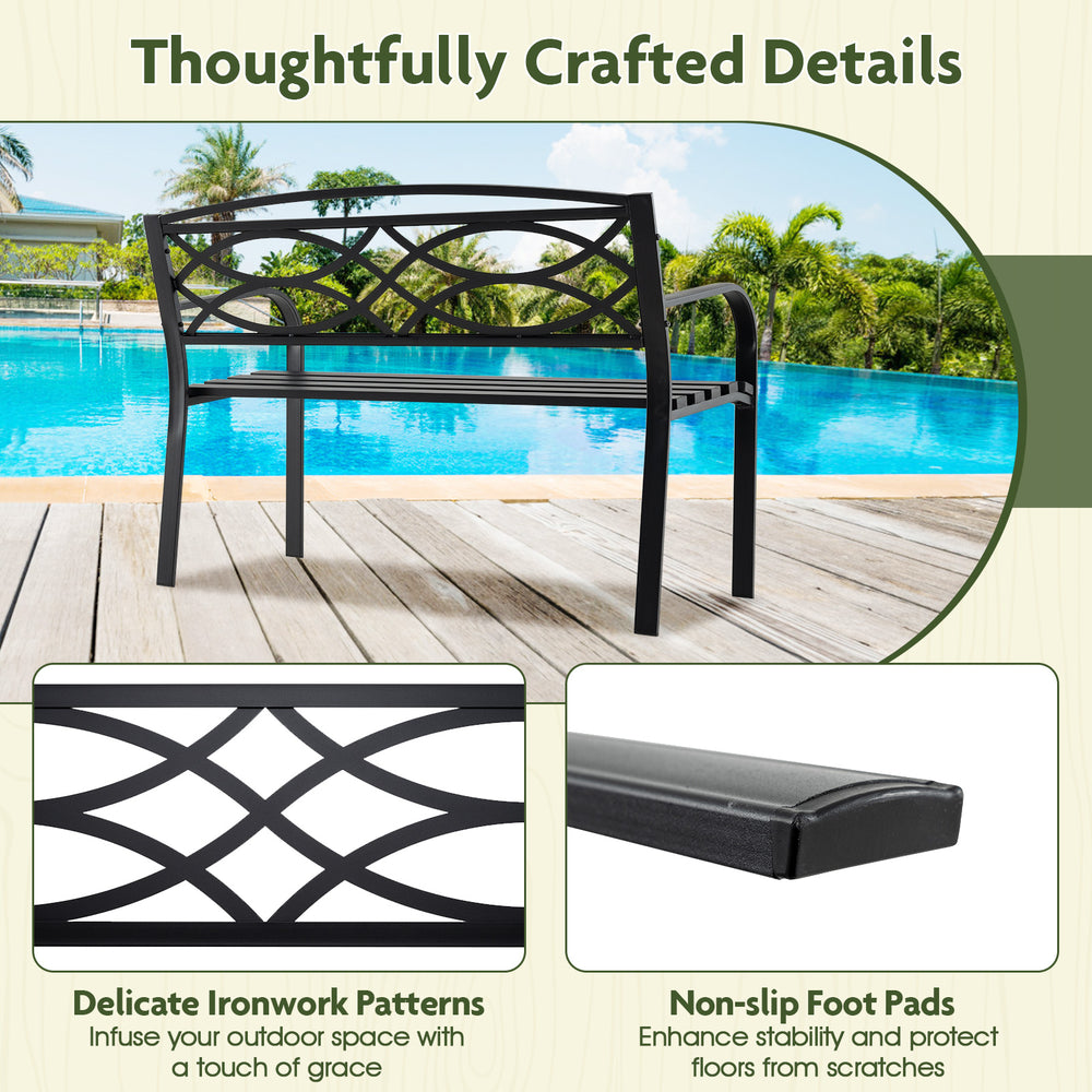 Garden bench with curved armrests, black metal frame, and anti-slip footpads, perfect for patios and gardens.