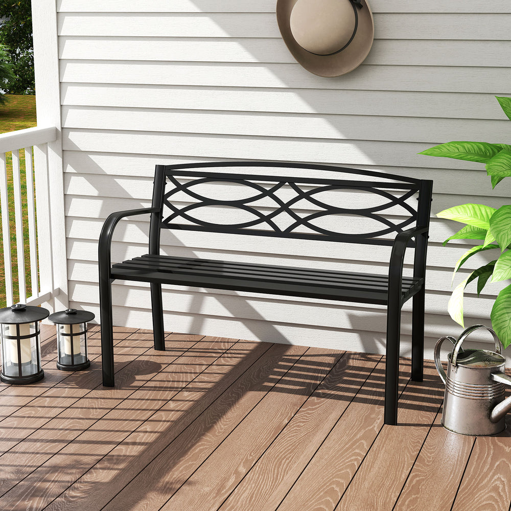 Black garden bench with curved armrests, sturdy metal frame, and spacious seating for two, ideal for patios or gardens.