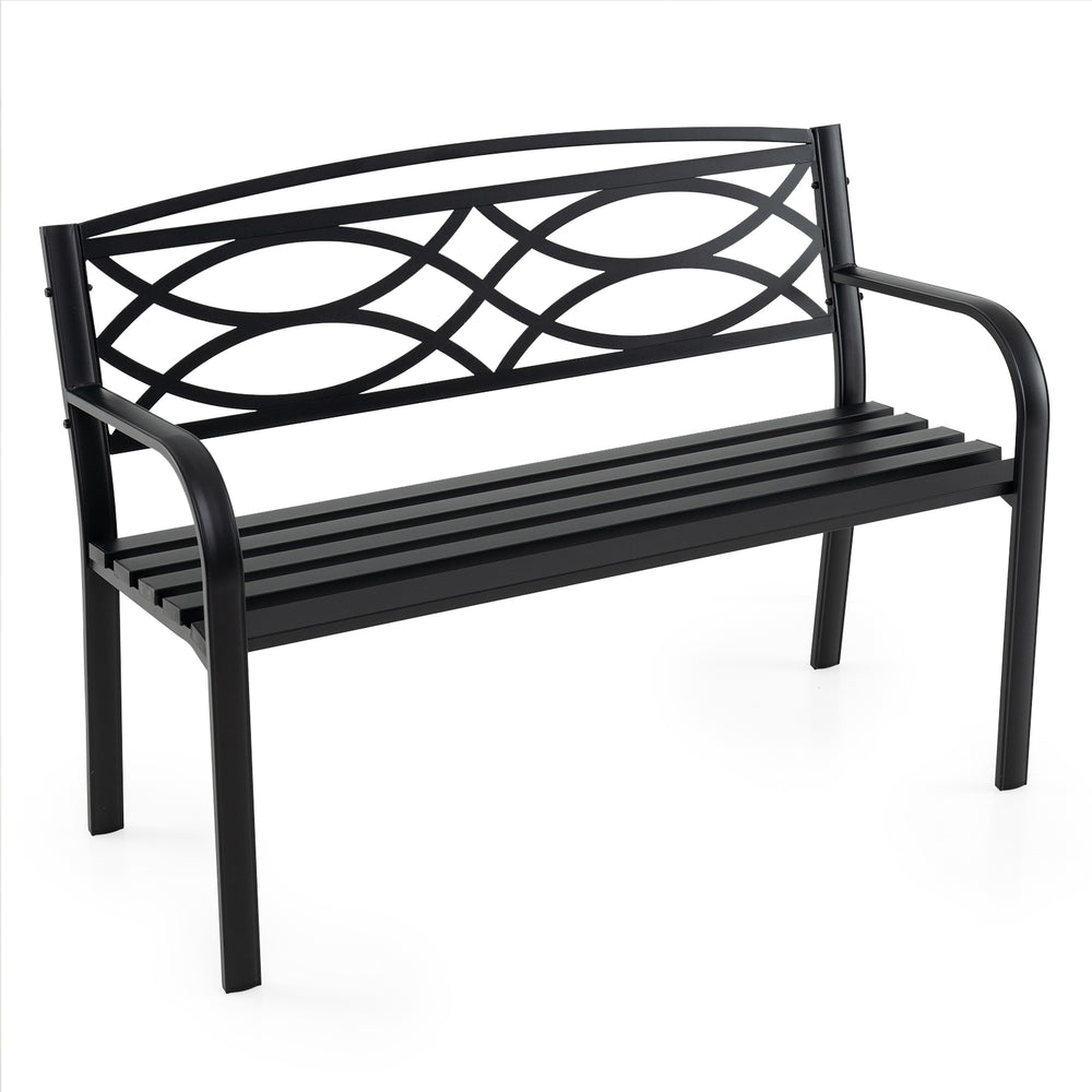 Black garden bench with curved armrests, sturdy metal frame, and 42-inch seating for outdoor comfort.