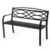 Black garden bench featuring a sleek, minimalist design and sturdy metal frame, perfect for outdoor relaxation.