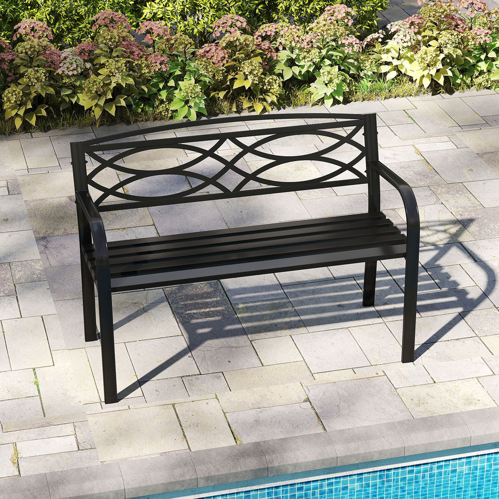 Black garden bench with curved armrests, 42-inch seating, ideal for patios or poolside relaxation.