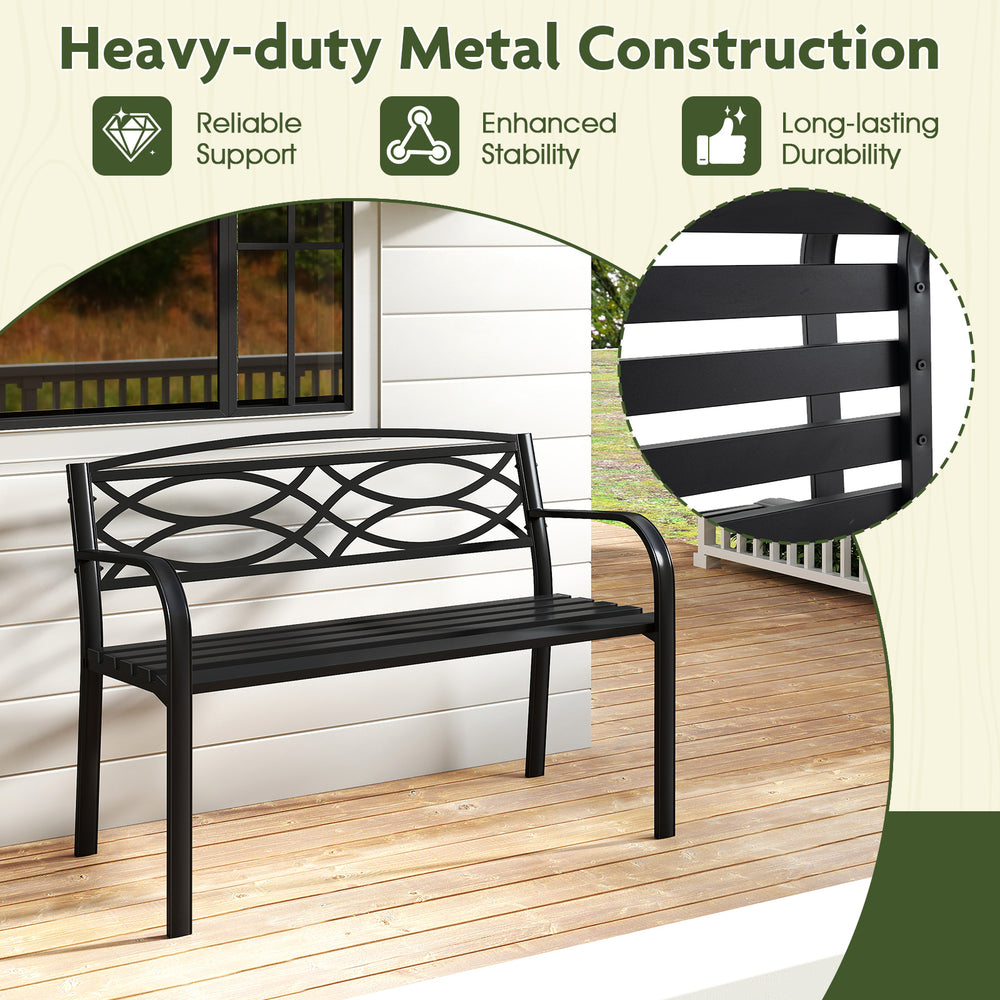 Black garden bench with curved armrests, sturdy metal frame, and spacious 42-inch seating for outdoor comfort.