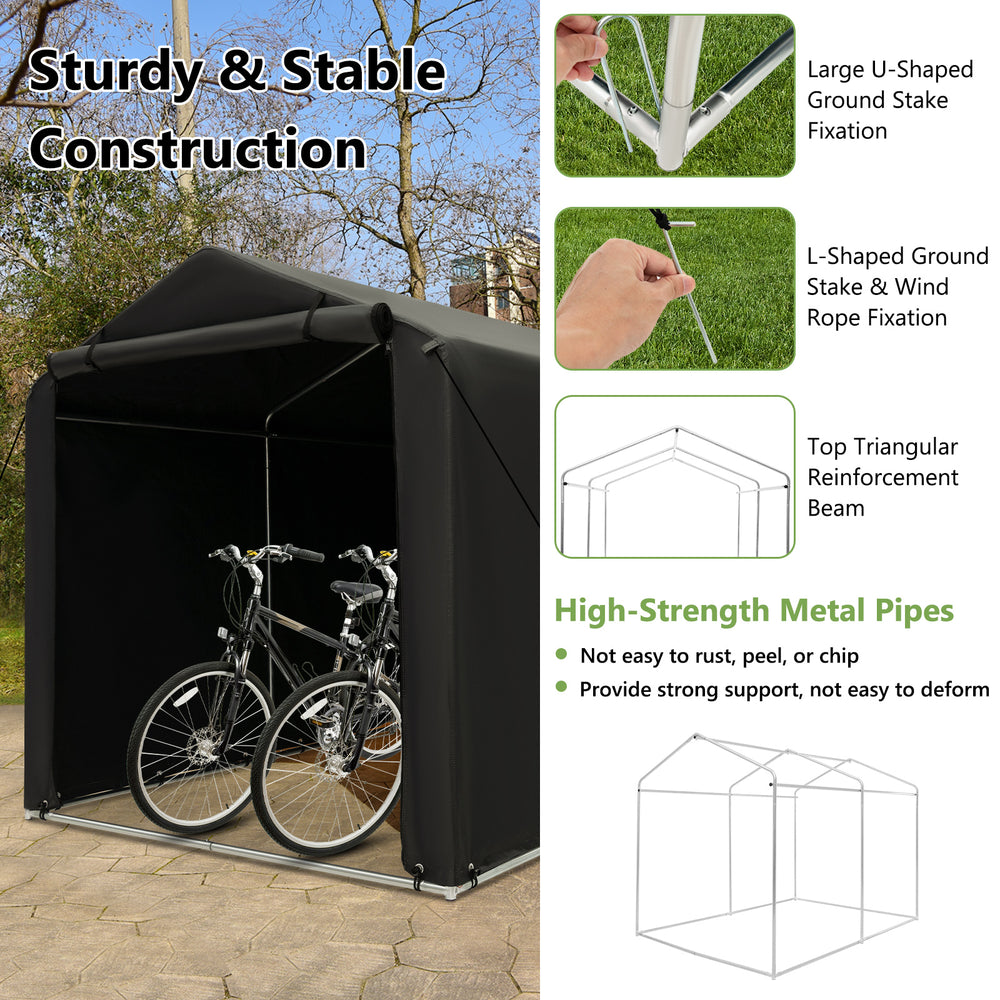Storage shelter for bicycles with waterproof cover, featuring sturdy metal pipes and secure ground stakes for stability.