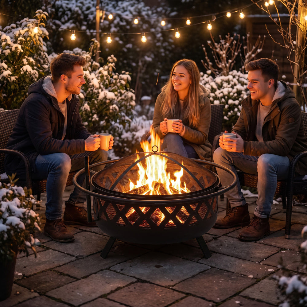 Outdoor Black Fire Pit with Adjustable and Rotatable Grill Grate Breathable Mesh & Outer Ring for BBQ-30 Inches - Gallery View 1 of 10