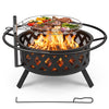 30-inch outdoor black fire pit featuring a rotatable grill grate, breathable mesh, and spark screen for safe BBQs.