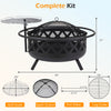 Outdoor black fire pit with adjustable grill grate, spark screen, and fire poker, perfect for BBQs and outdoor gatherings.