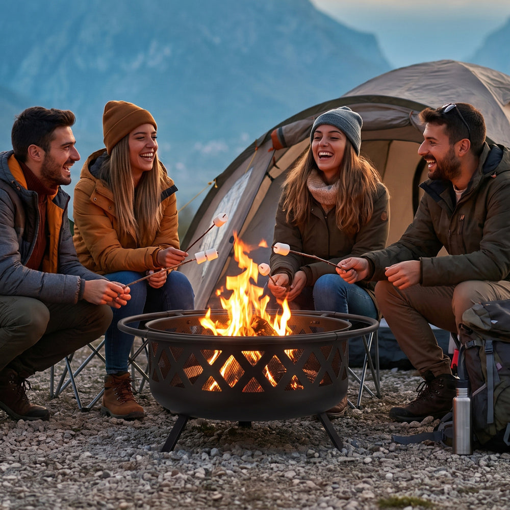 Four friends enjoy roasting marshmallows over the 30-inch outdoor black fire pit with adjustable grill for BBQs.