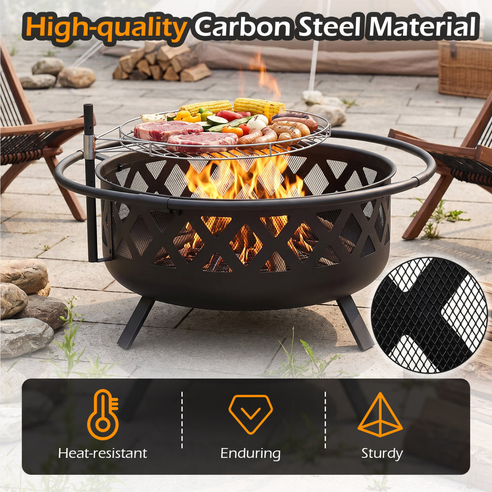 30-inch outdoor black fire pit with adjustable grill grate, carbon steel frame, and breathable mesh for BBQs and bonfires.