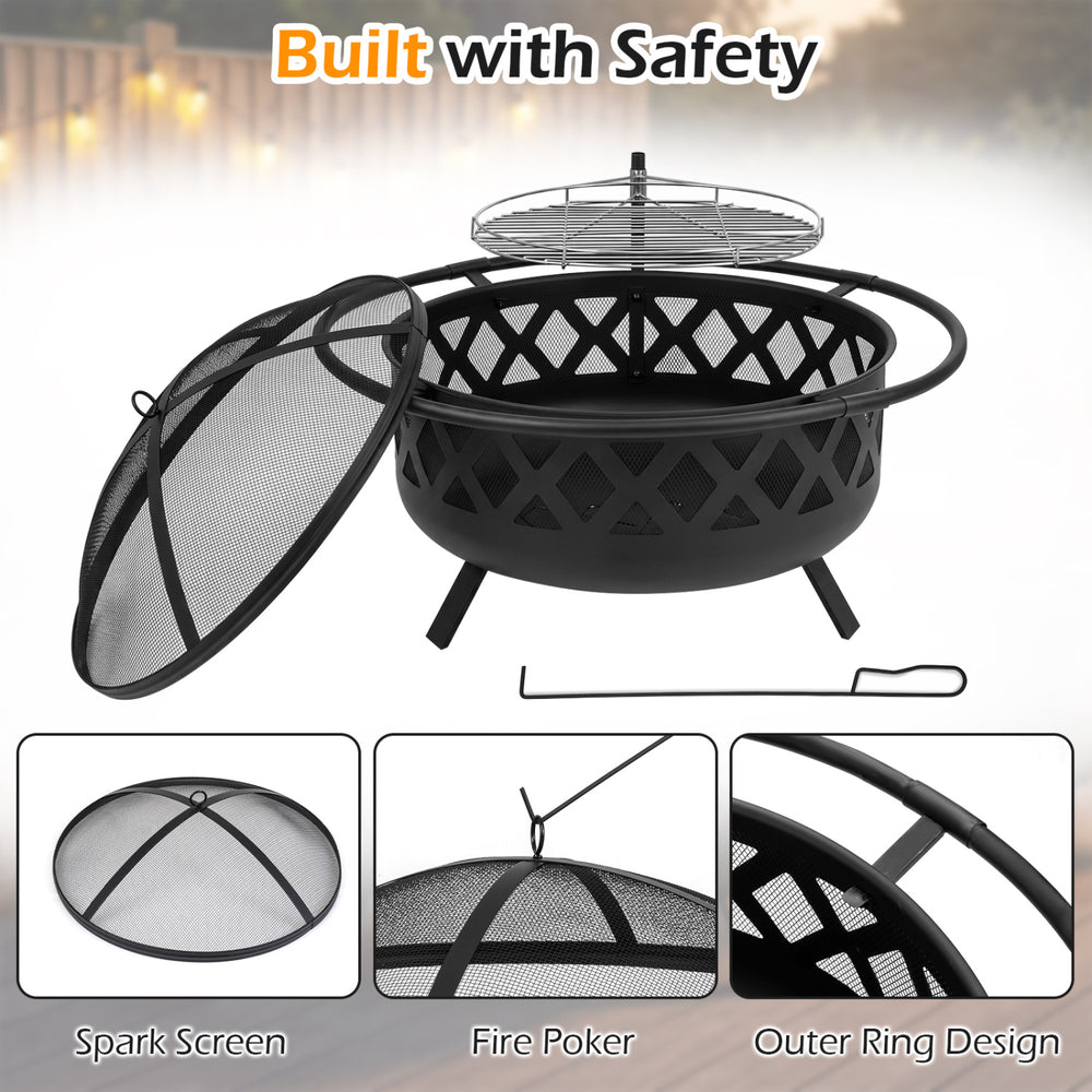 30-inch outdoor black fire pit with adjustable grill grate, spark screen, and outer ring design for safe BBQs and bonfires.