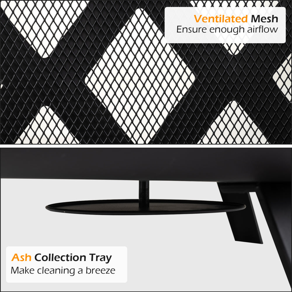 Close-up of the breathable mesh and ash collection tray on the 30-inch outdoor black fire pit for easy cleaning.
