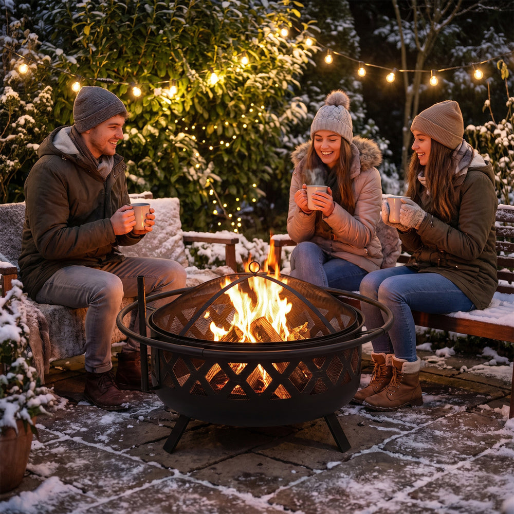 Outdoor Black Fire Pit with Adjustable and Rotatable Grill Grate Breathable Mesh & Outer Ring for BBQ-36 Inches - Gallery View 1 of 10