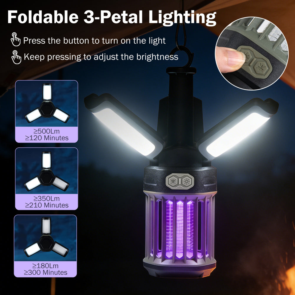Foldable 3-petal camping lantern and bug zapper with USB-C rechargeable battery for outdoor use and 269 sq.ft. coverage.