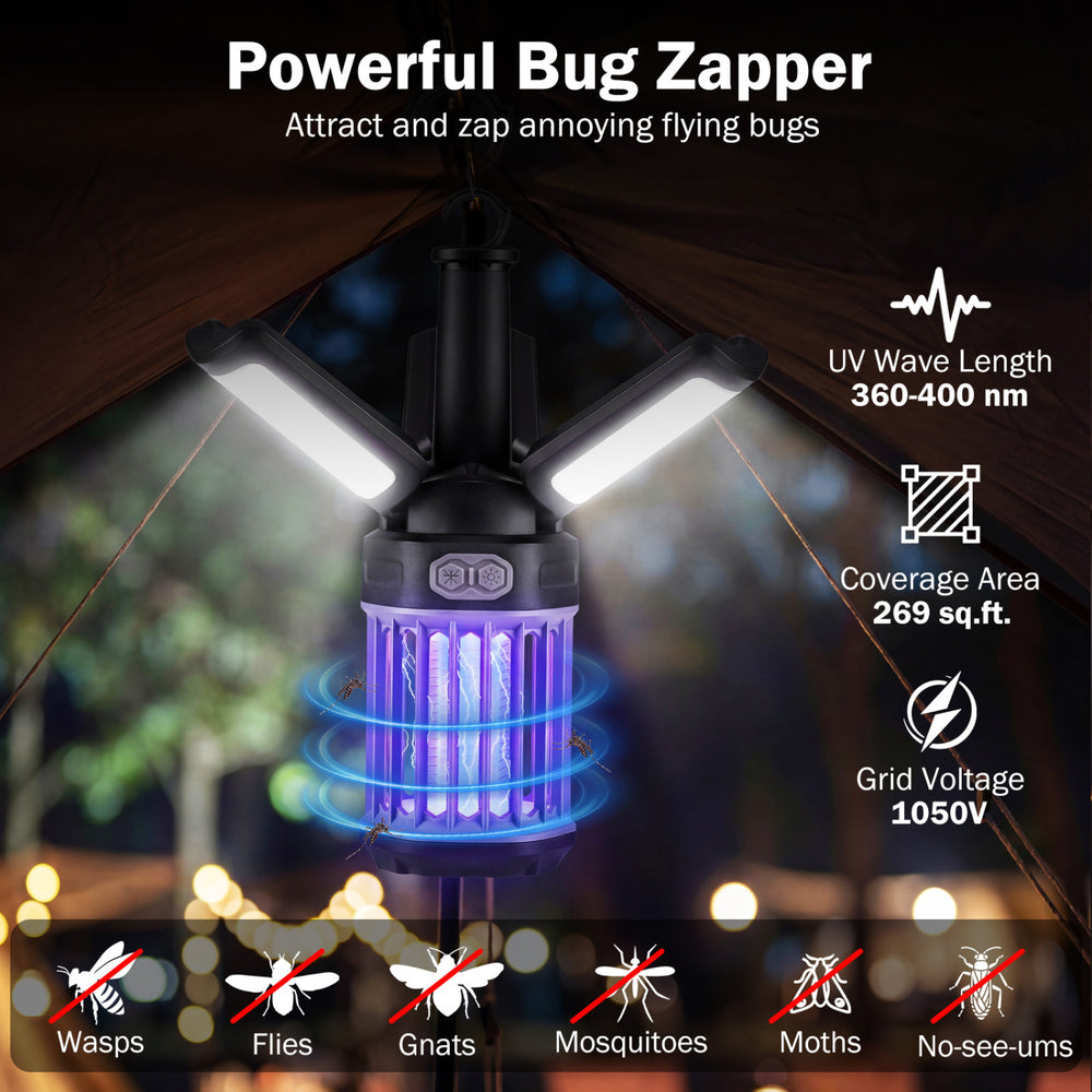 Outdoor bug zapper with foldable lantern design, UV light for mosquitoes and flies, ideal for camping and outdoor use.