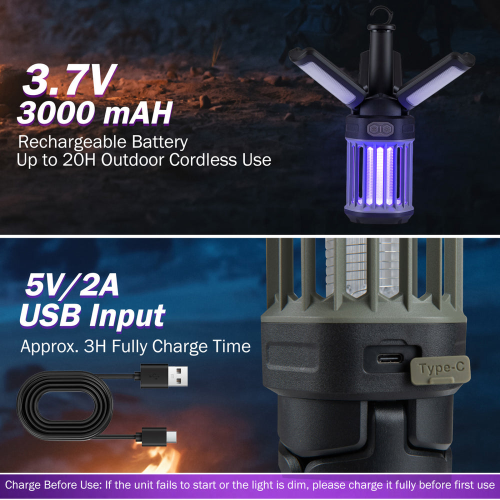 Outdoor bug zapper with foldable lantern design, USB-C rechargeable, 20h cordless use, and 1050V bug-killing power.