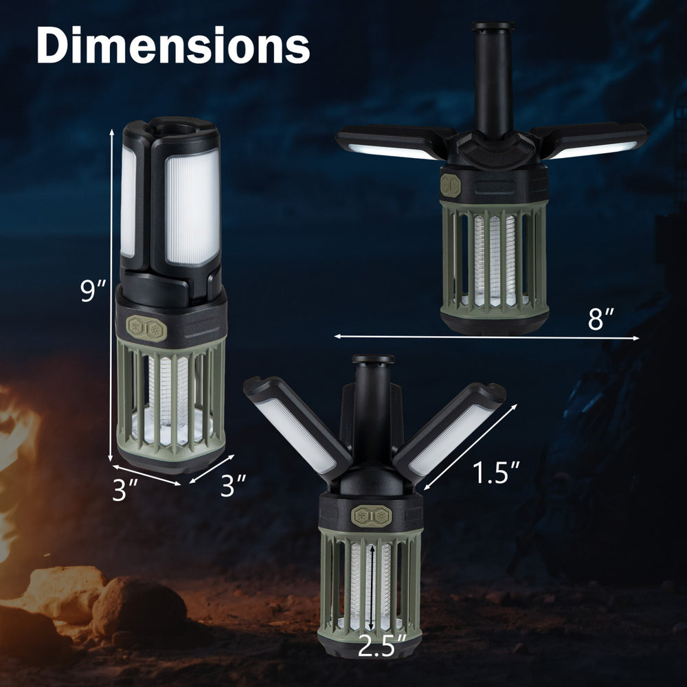 Foldable outdoor bug zapper and camping lantern with USB-C charging, featuring 3 modes and IPX6 waterproof design.