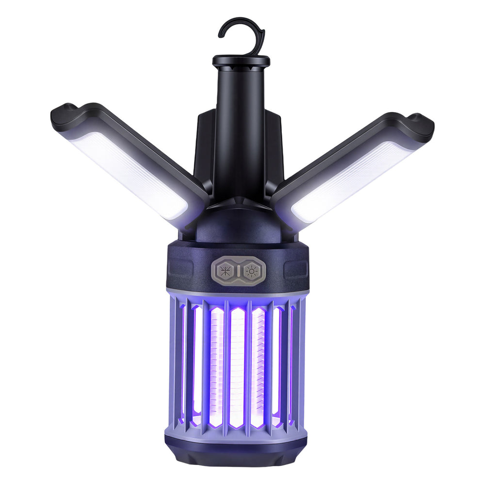 Foldable outdoor bug zapper and camping lantern with USB-C rechargeable battery, 3 modes, and 269 sq.ft. coverage.