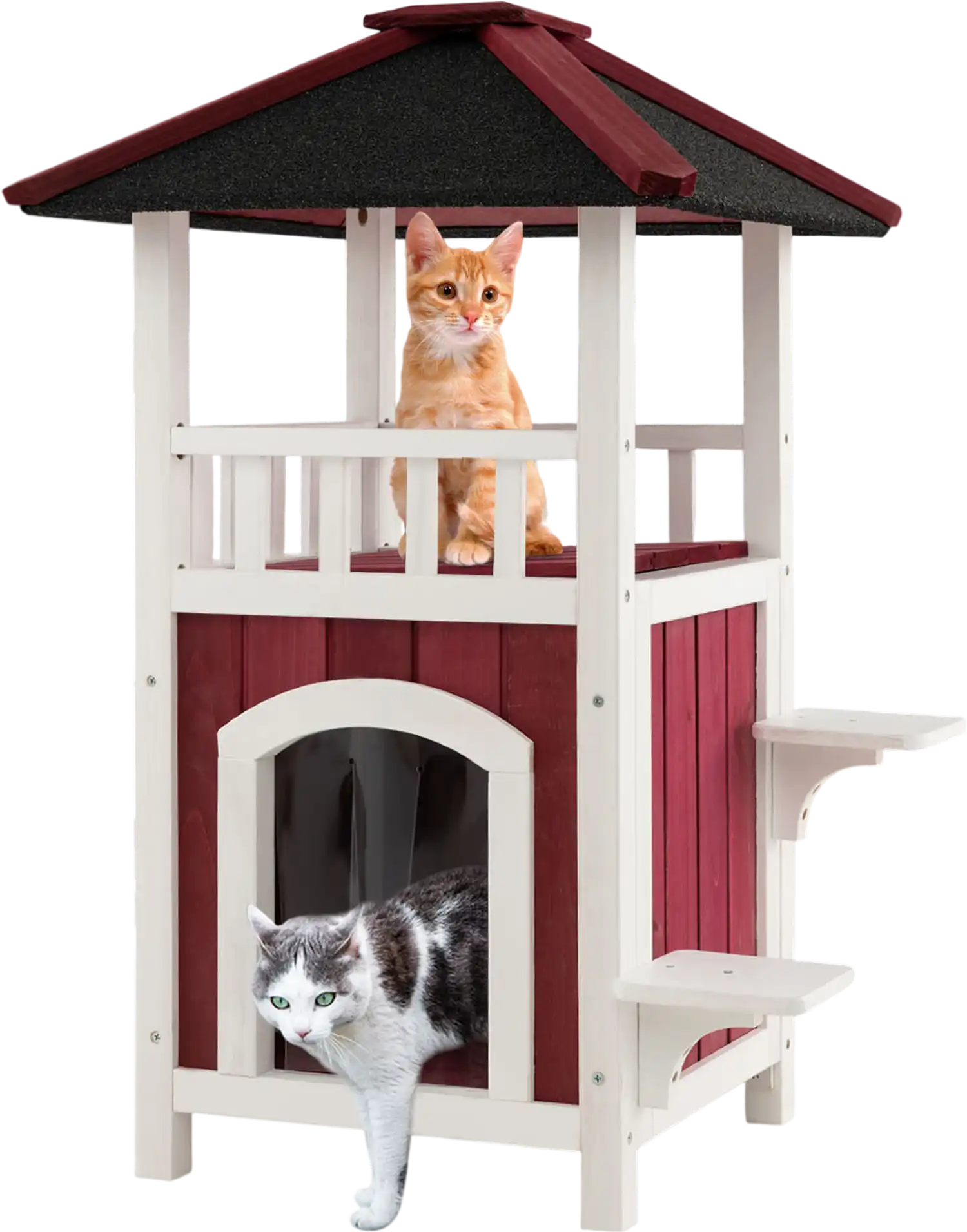 Costway 2-Story Wooden Cat House w/ Asphalt Roof Balcony Rain Curtain Red White 81234975 New