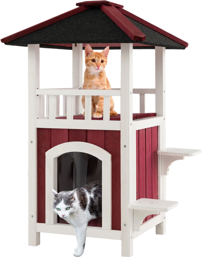 Costway 2-Story Wooden Cat House w/ Asphalt Roof Balcony Rain Curtain Red White 81234975 New