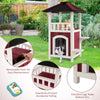 2-story wooden cat house in red and white with balcony, asphalt roof, and elevated legs for outdoor use and easy.