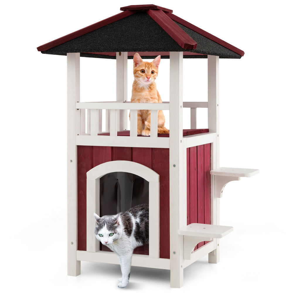 2-story wooden cat house in red and white with balcony, asphalt roof, and jumping platforms for indoor and outdoor use.