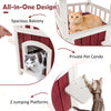 2-story wooden cat house with red and white finish, featuring a spacious balcony and private condo for pets.