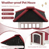 2-story wooden cat house with red and white finish, asphalt roof, balcony, and PVC door curtain for indoor and outdoor.