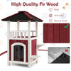 Detail of the 2-story wooden cat house in red and white, showcasing the asphalt roof and natural fir wood texture.