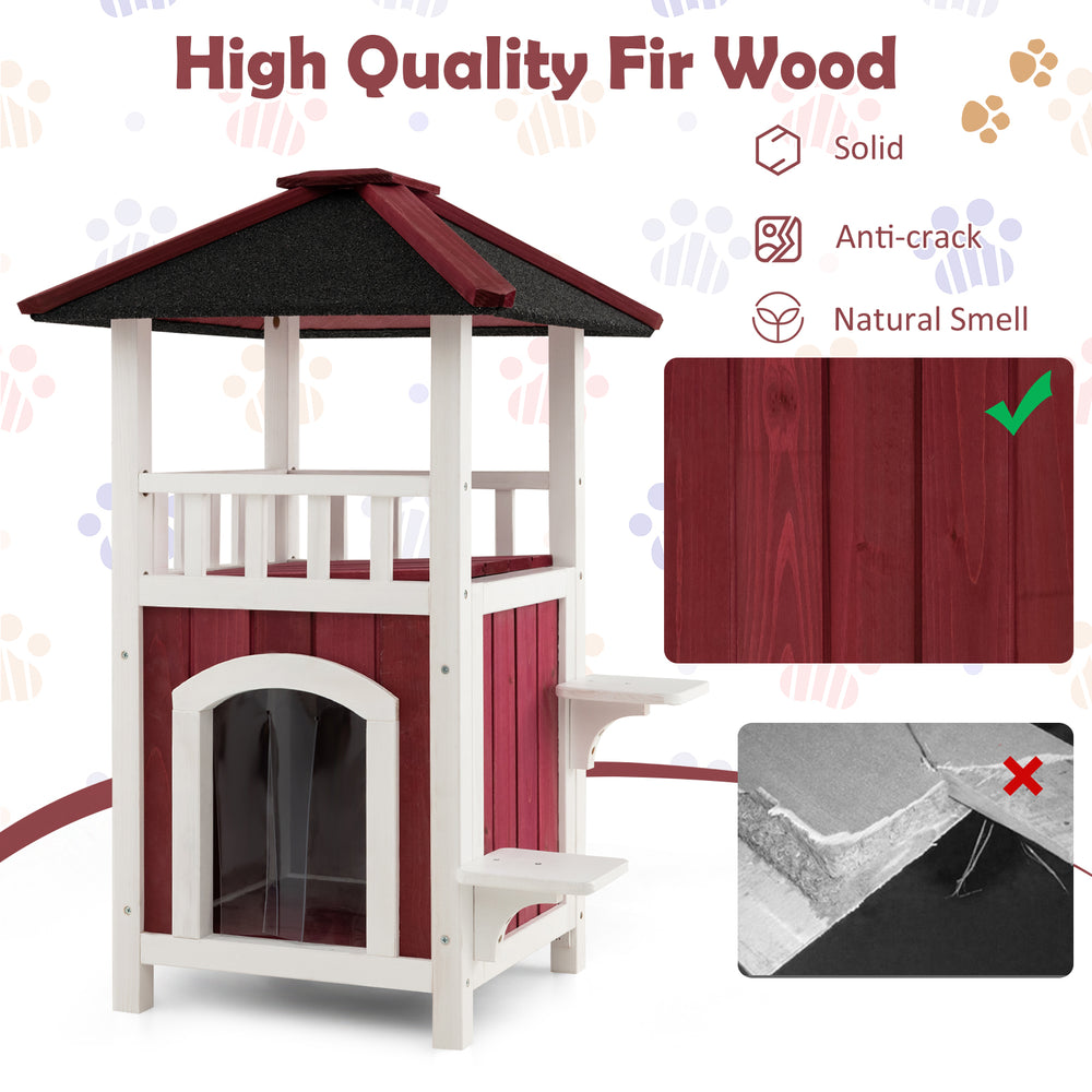 Detail of the 2-story wooden cat house in red and white, showcasing the asphalt roof and natural fir wood texture.