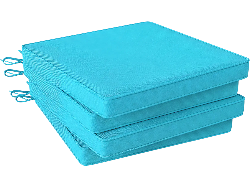 Turquoise outdoor chair cushion set of 4, 20" x 20" x 2", waterproof olefin fabric with attached ties for secure fitting.