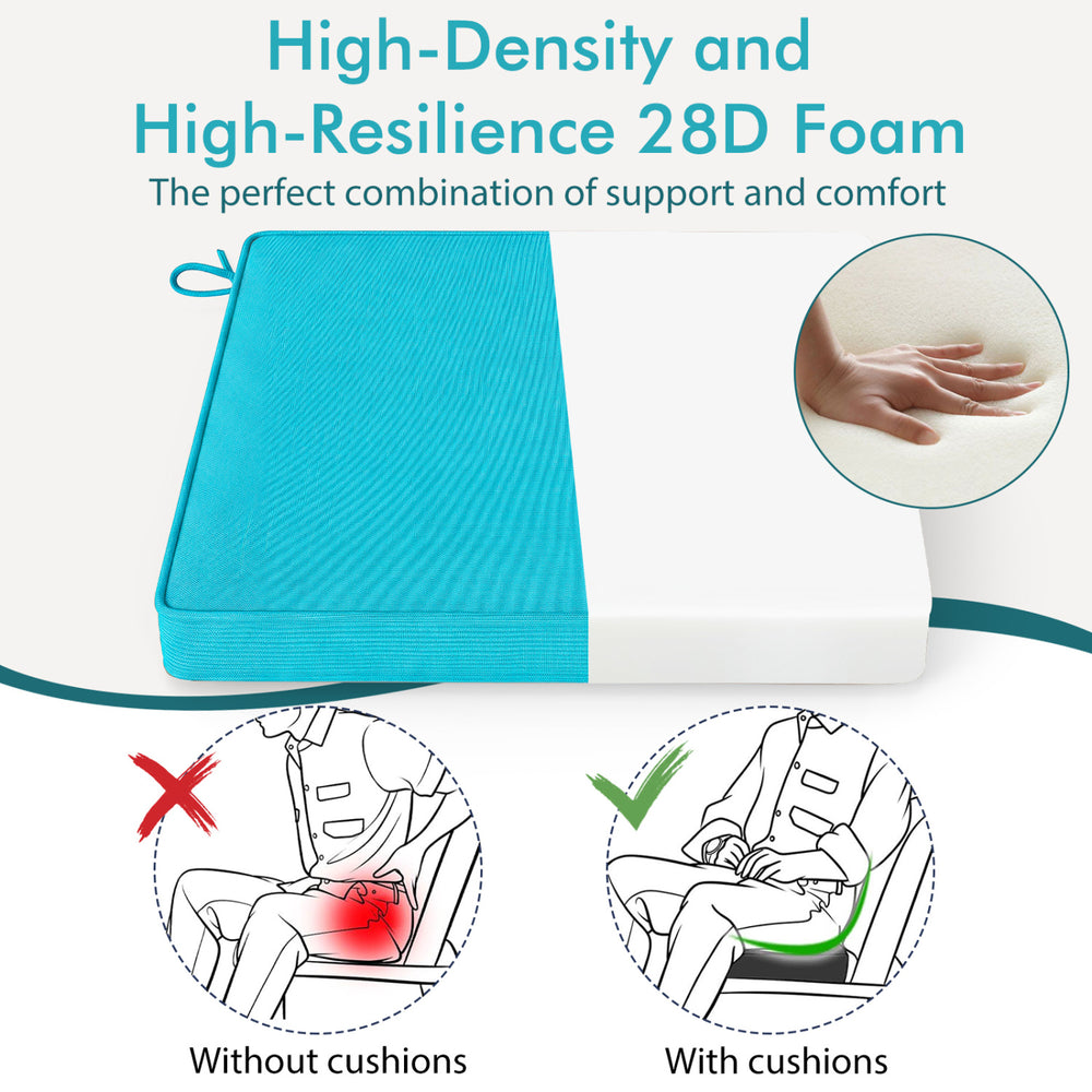 Turquoise outdoor chair cushion set of 4, made of waterproof olefin fabric with high-density 28D foam for comfort.
