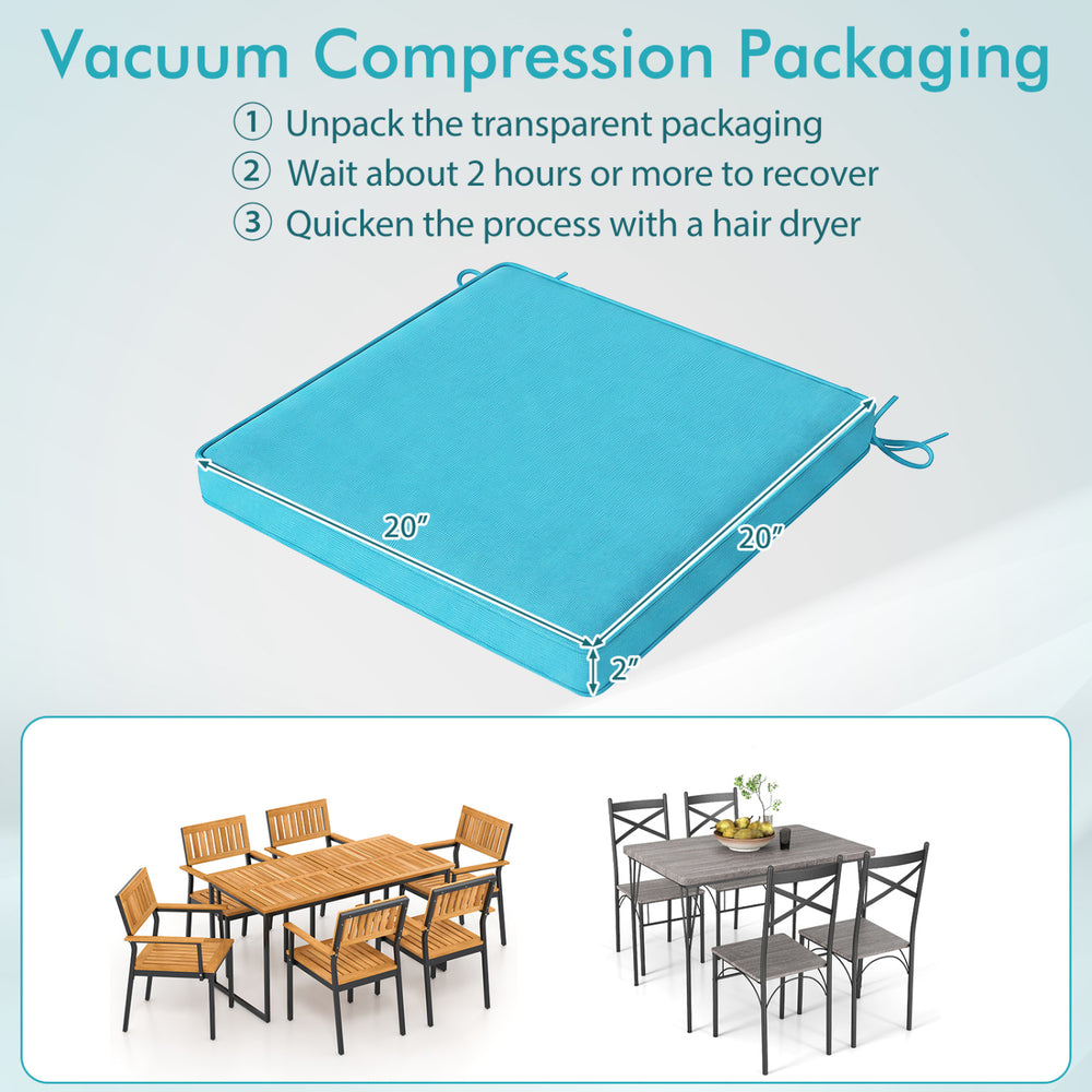 Turquoise outdoor chair cushion set of 6, 20" x 20" x 2", waterproof olefin fabric with attached ties for secure fit.