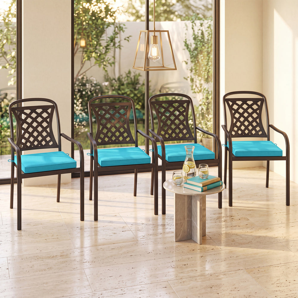 Turquoise outdoor chair cushion set of 6, crafted from waterproof olefin fabric for comfort and style in any setting.