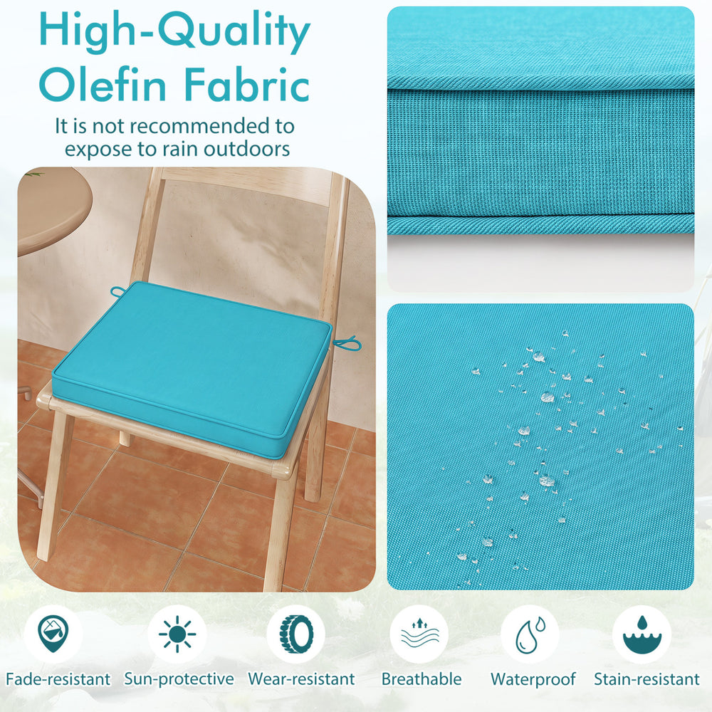 Turquoise outdoor chair cushion set of 6, made of waterproof olefin fabric, offers comfort and style for dining chairs.