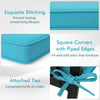 Turquoise outdoor chair cushion set of 6, waterproof olefin fabric with exquisite stitching and attached ties for secure fitting.