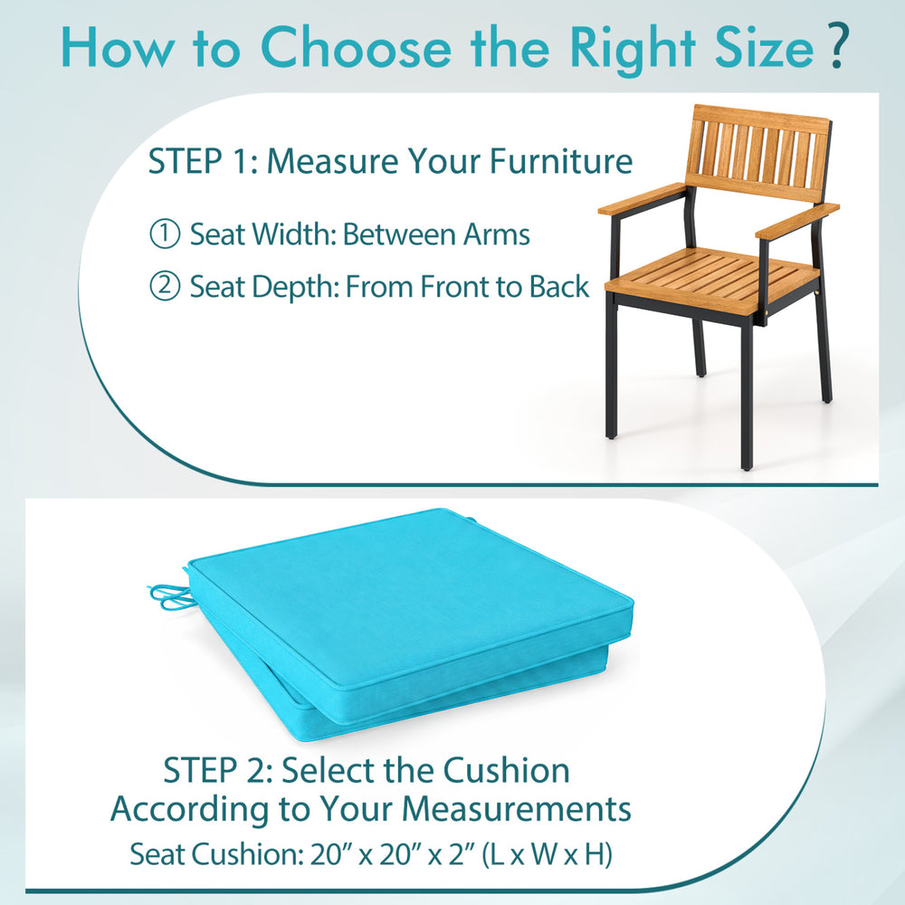 Turquoise outdoor chair cushion set of 6, 20" x 20" x 2", waterproof olefin fabric for comfort and style.