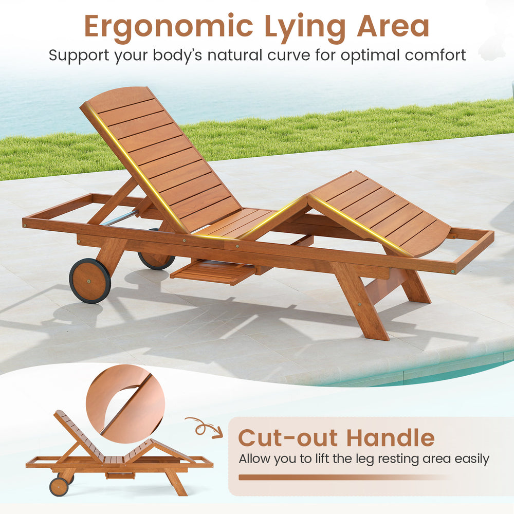 Outdoor chaise lounge chair with wheels featuring a 4-position adjustable backrest, ergonomic design, and natural wood.