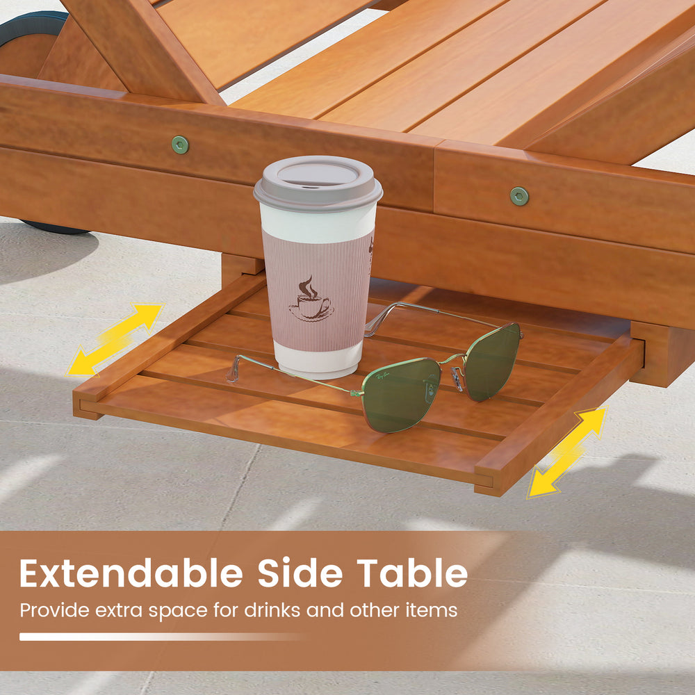 Extendable side table of the outdoor chaise lounge chair, providing space for drinks and items, perfect for patio use.
