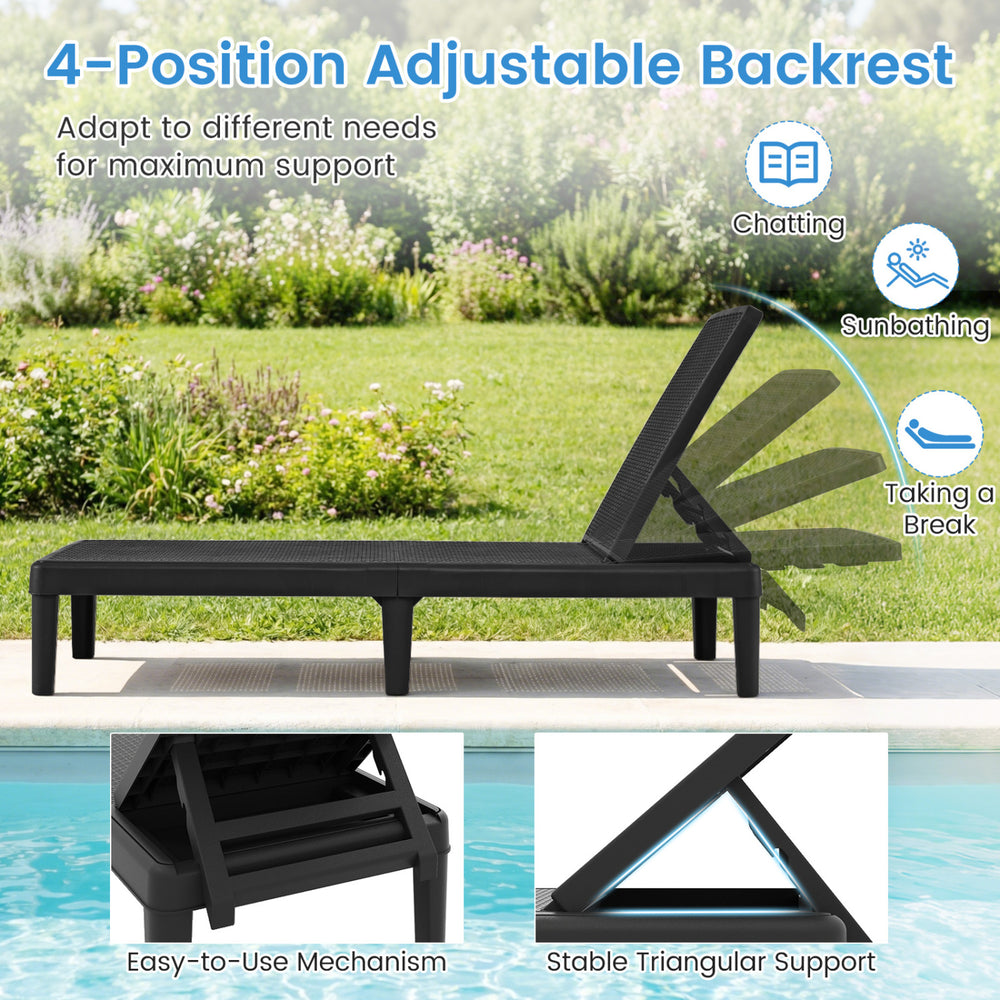 Black outdoor chaise lounger chair with waterproof rattan textured surface, adjustable backrest for sunbathing and.