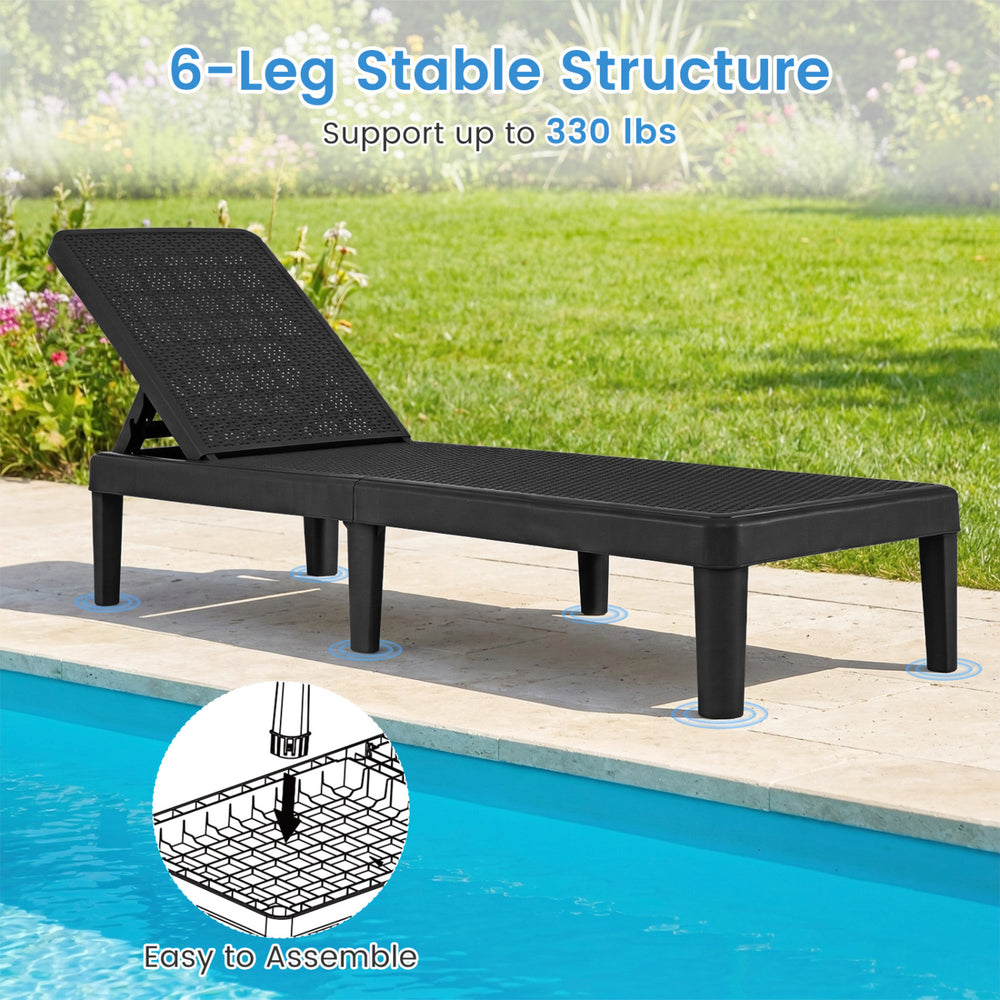 Black outdoor chaise lounger with adjustable backrest, waterproof rattan texture, supports up to 330 lbs for sunbathing.