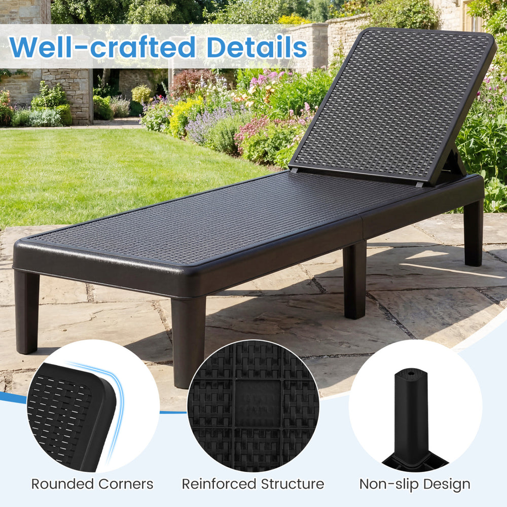 Black outdoor chaise lounger chair with waterproof rattan texture, featuring a 3-position adjustable backrest for.