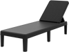 Black outdoor chaise lounger chair with adjustable backrest and waterproof rattan textured surface for sunbathing.