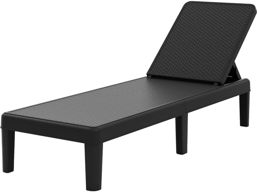 Black outdoor chaise lounger chair with adjustable backrest and waterproof rattan textured surface for sunbathing.