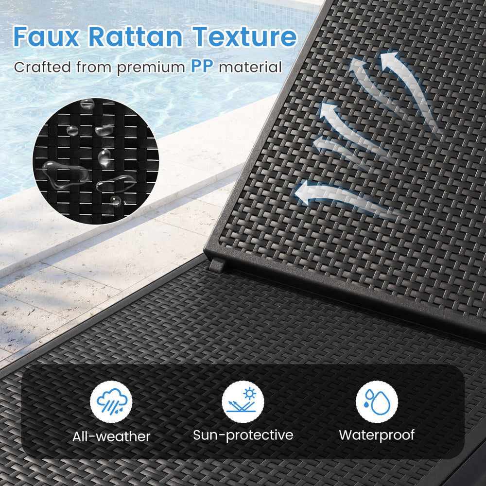Close-up of the faux rattan textured surface of the black outdoor chaise lounger, made from waterproof PP material.