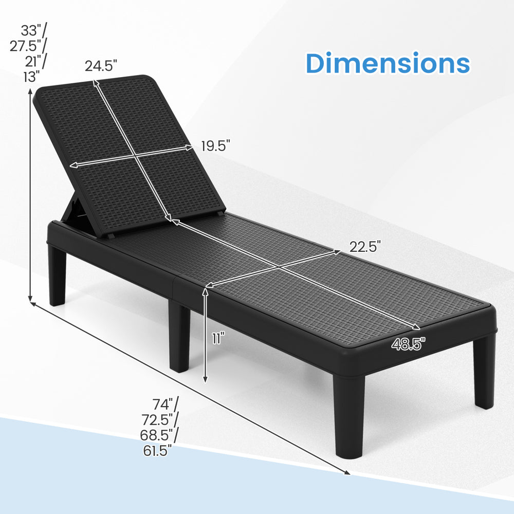 Dimensions of the black outdoor chaise lounger chair with waterproof rattan textured surface, adjustable backrest, and.