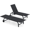Black outdoor chaise lounge chair with wheels and metal frame, featuring adjustable backrest for comfortable relaxation.