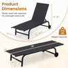 Black outdoor chaise lounge chair with wheels, metal frame, adjustable backrest, 75" long, 330 lbs capacity.