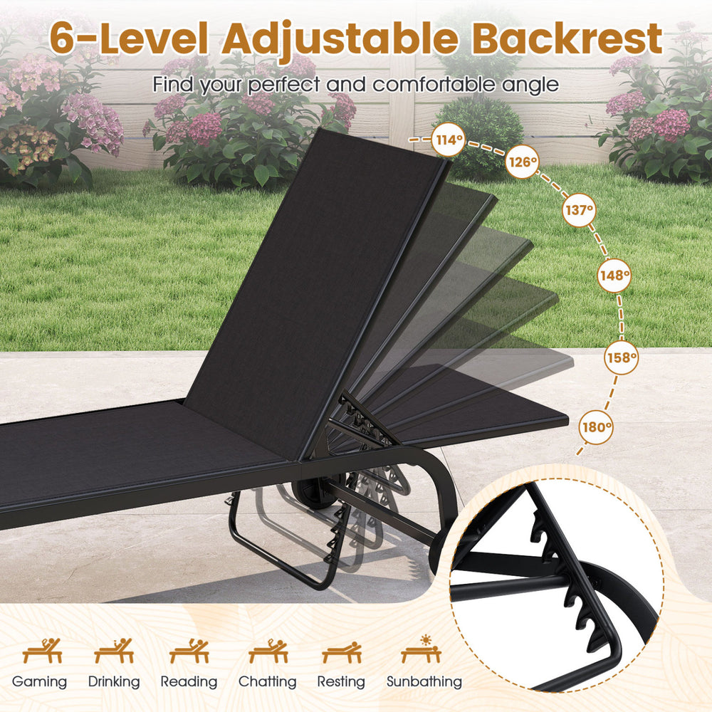 Adjustable backrest of the black outdoor chaise lounge chair with wheels, perfect for sunbathing and relaxation.